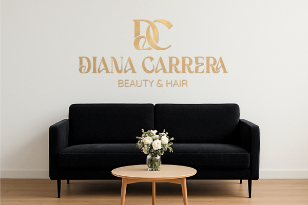 Diana Carrera Beauty & Hair - Goldenes Logo als Wandapplikation im Salon